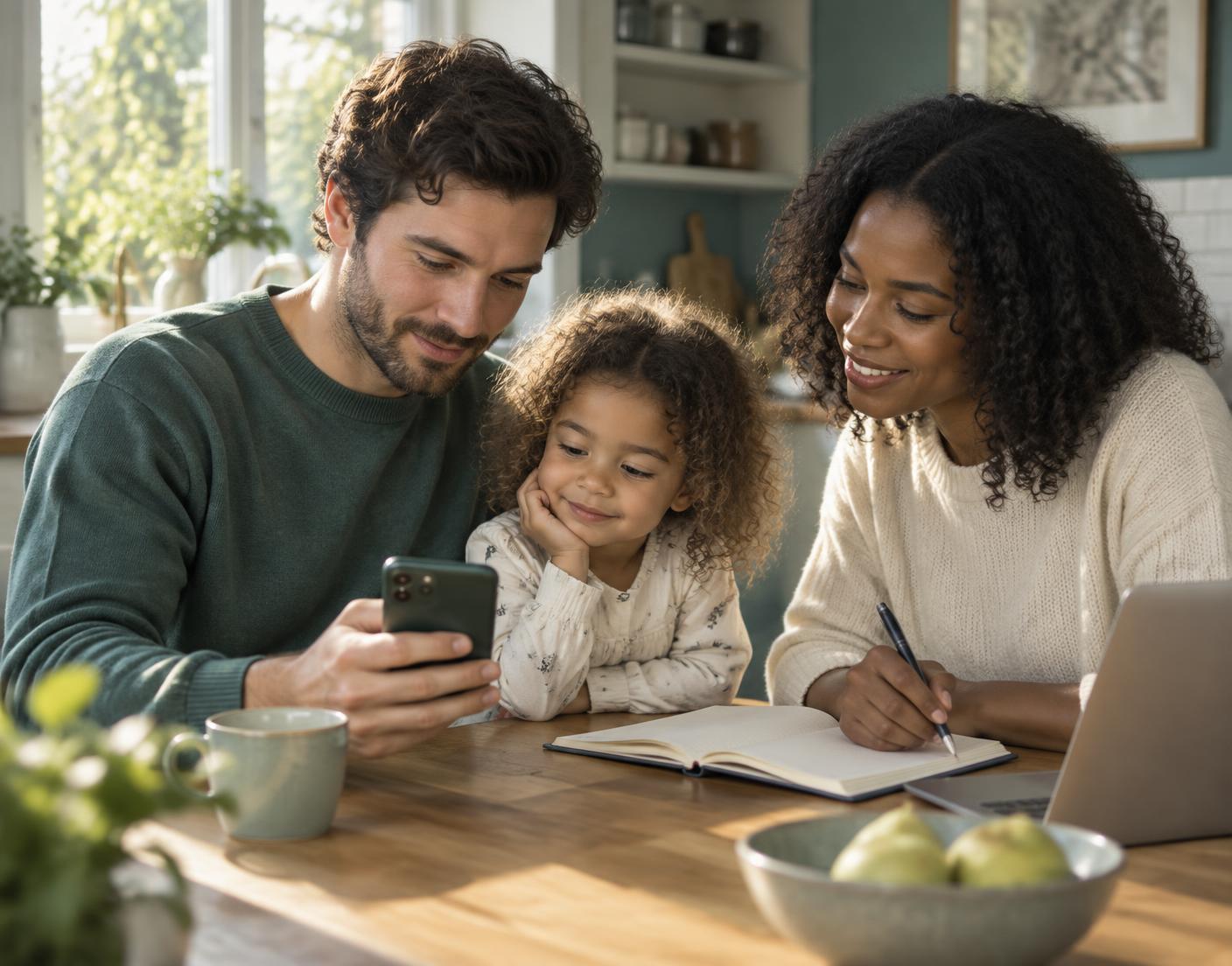 A family at a kitchen table looking at their household finances together